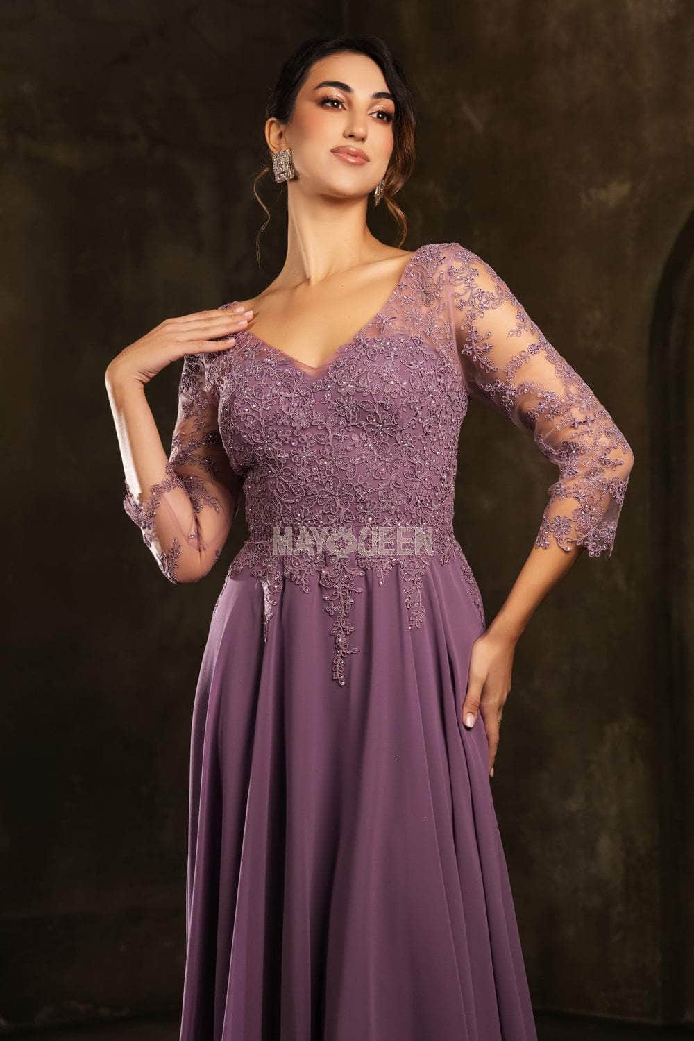 May Queen MQ2108 - Tea-Length Chiffon A-line Dress - Illusion Detail, Floral Lace Appliques, Beaded, Sheer Quarter-Length Sleeves, Illusion Full Back May Queen MQ2108 - Tea-Length Chiffon A-line Dress - Illusion Detail, Floral Lace Appliques, Beaded, Sheer Quarter-Length Sleeves, Illusion Full Back