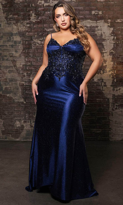 May Queen MQ2122 - Glitter V-Neck Evening Dress Evening Dresses 4 /  Navy