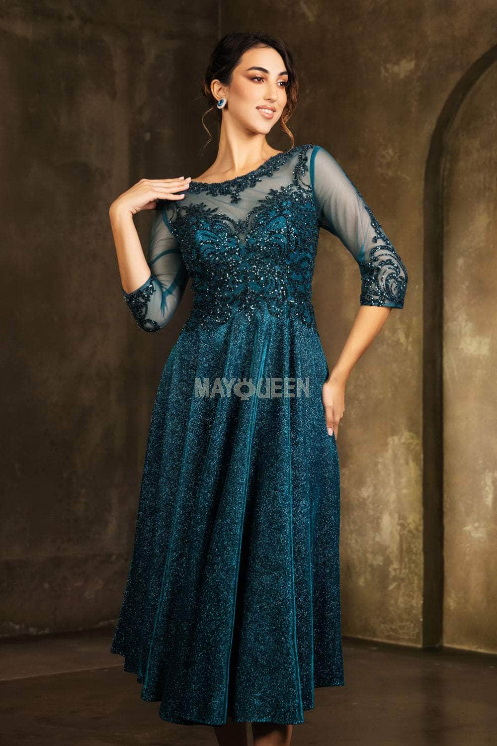 May Queen MQ2124 - Tea-Length Lycra A-line Dress - Illusion Bodice, Lace Applique, Sequin, Glitter, Sheer Quarter Sleeves, Illusion Full Back L / May Queen MQ2124 - Tea-Length Lycra A-line Dress - Illusion Bodice, Lace Applique, Sequin, Glitter, Sheer Quarter Sleeves, Illusion Full Back L /