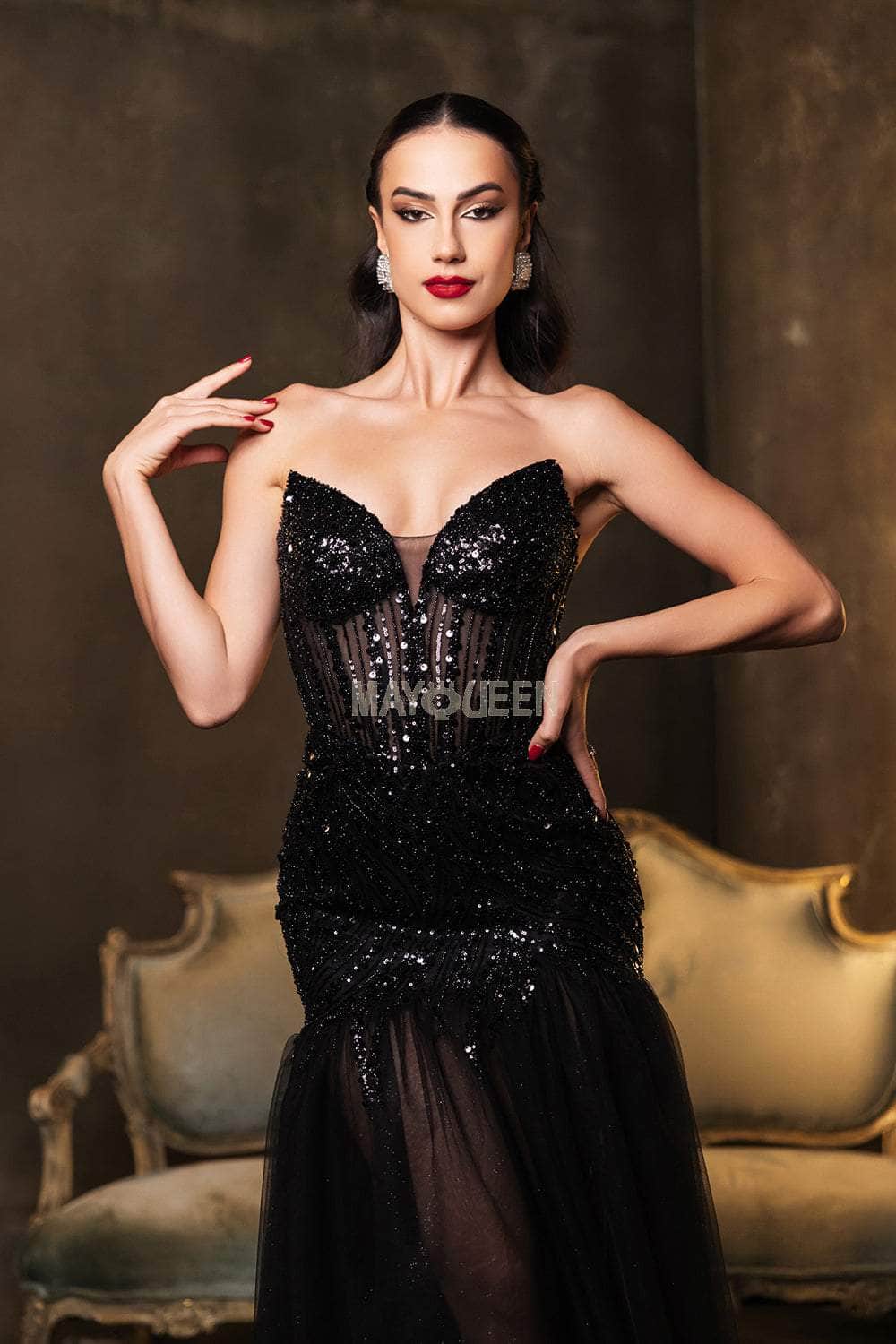 May Queen MQ2131 - Long Mesh Trumpet Dress - Sheer Corset Bodice, Strapless, Beaded, Sequin, Sweep Train 20 / Red May Queen MQ2131 - Long Mesh Trumpet Dress - Sheer Corset Bodice, Strapless, Beaded, Sequin, Sweep Train 20 / Red