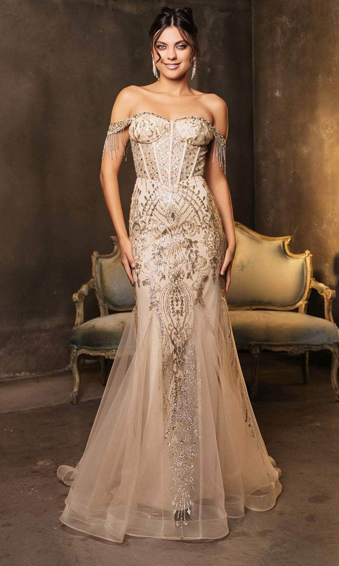 May Queen MQ2136 Beaded Off Shoulder  Dress