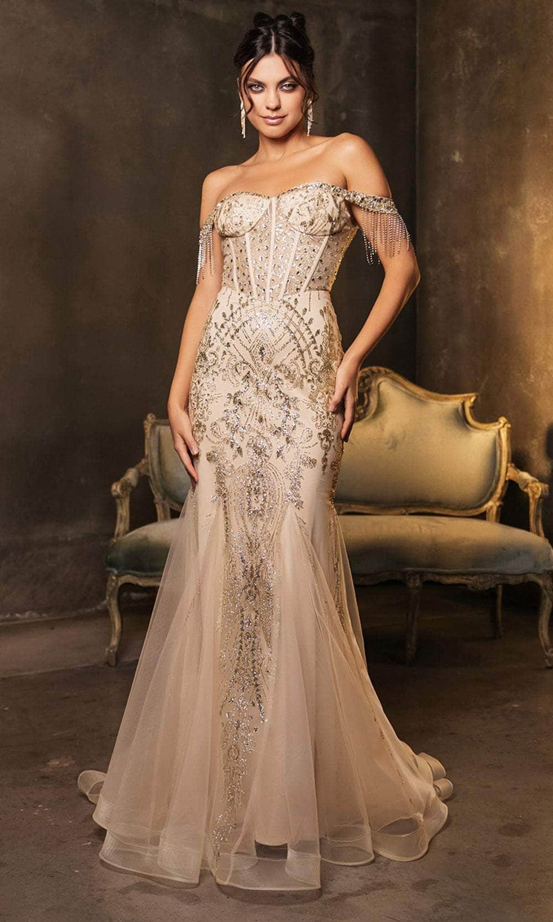 May Queen MQ2136 Beaded Off Shoulder  Dress