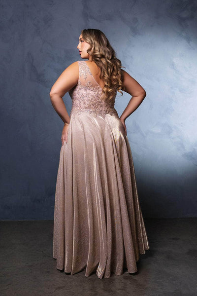May Queen MQ2137B - Glitter Mesh Plunging Neckline Dress Formal Gowns