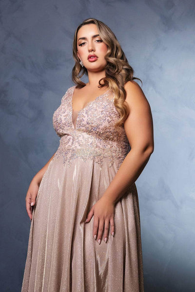 May Queen MQ2137B - Glitter Mesh Plunging Neckline Dress Formal Gowns 22 /  Rosegold
