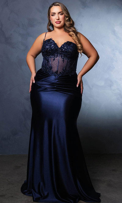 May Queen MQ2139 - Floral Sheath Evening Dress Prom Dresses 2 / Navy