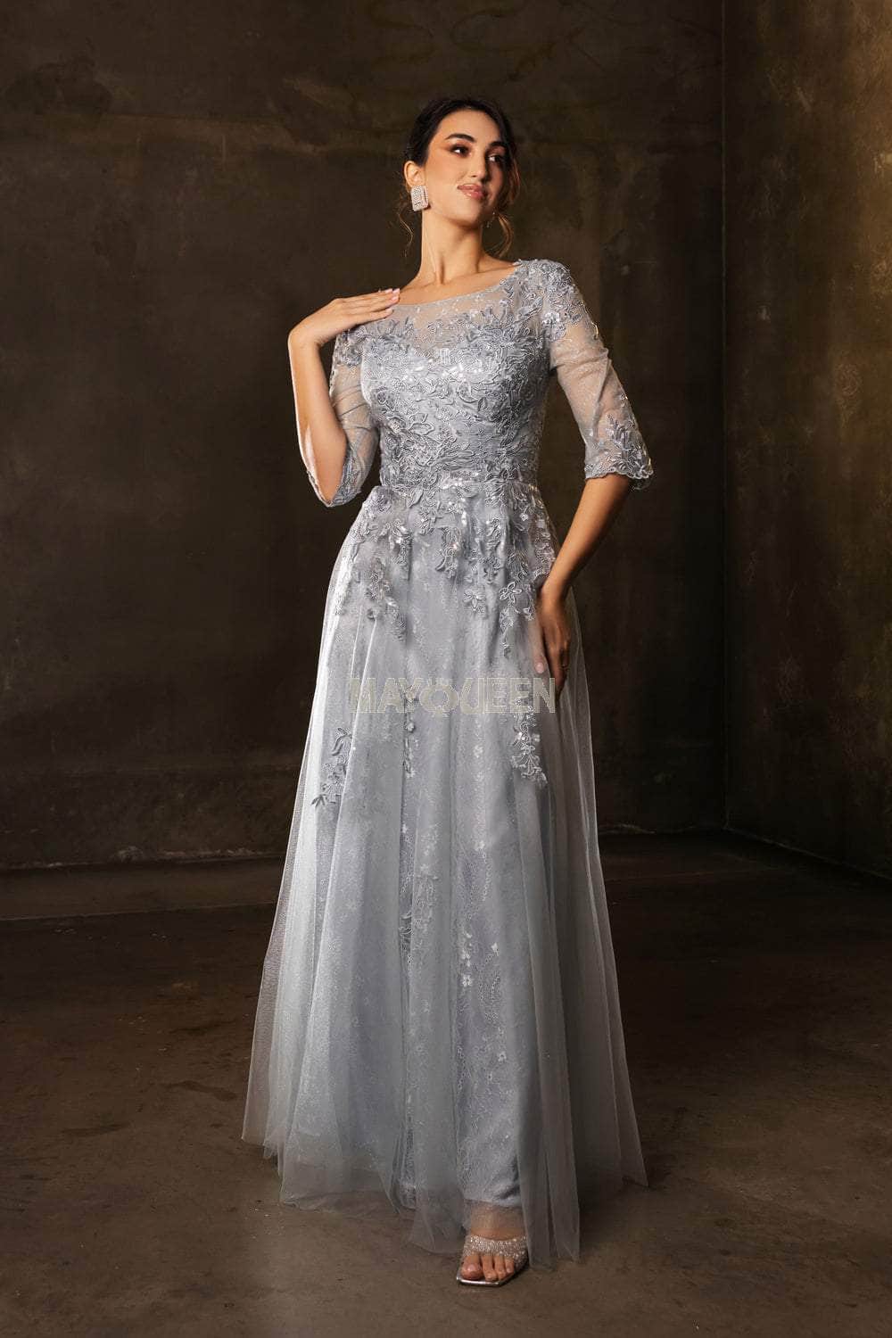 May Queen MQ2143 - Long Mesh A-line Dress - Three-Quarter Length Sleeves, Floral Embroidery, Sequins, Full Back 5XL / Burgundy May Queen MQ2143 - Long Mesh A-line Dress - Three-Quarter Length Sleeves, Floral Embroidery, Sequins, Full Back 5XL / Burgundy