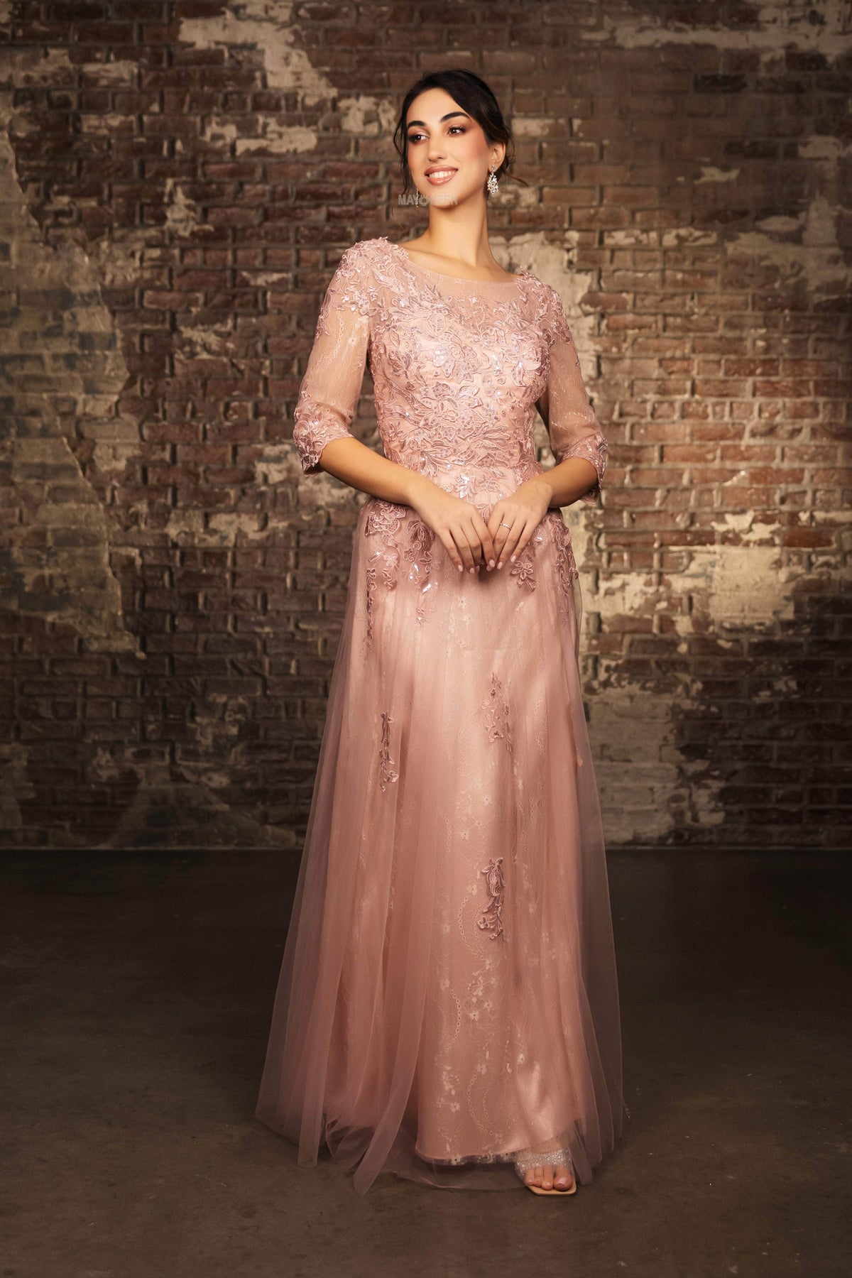 May Queen MQ2143 - Long Mesh A-Line Dress - Three-Quarter Length Sleeves, Floral Embroidery, Sequins, Full Back XL / Burgundy May Queen MQ2143 - Long Mesh A-Line Dress - Three-Quarter Length Sleeves, Floral Embroidery, Sequins, Full Back XL / Burgundy