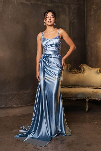 May Queen MQ2145 - Scoop Neck Embellished Sheath Gown Prom Dresses 4 /  Dustyblue