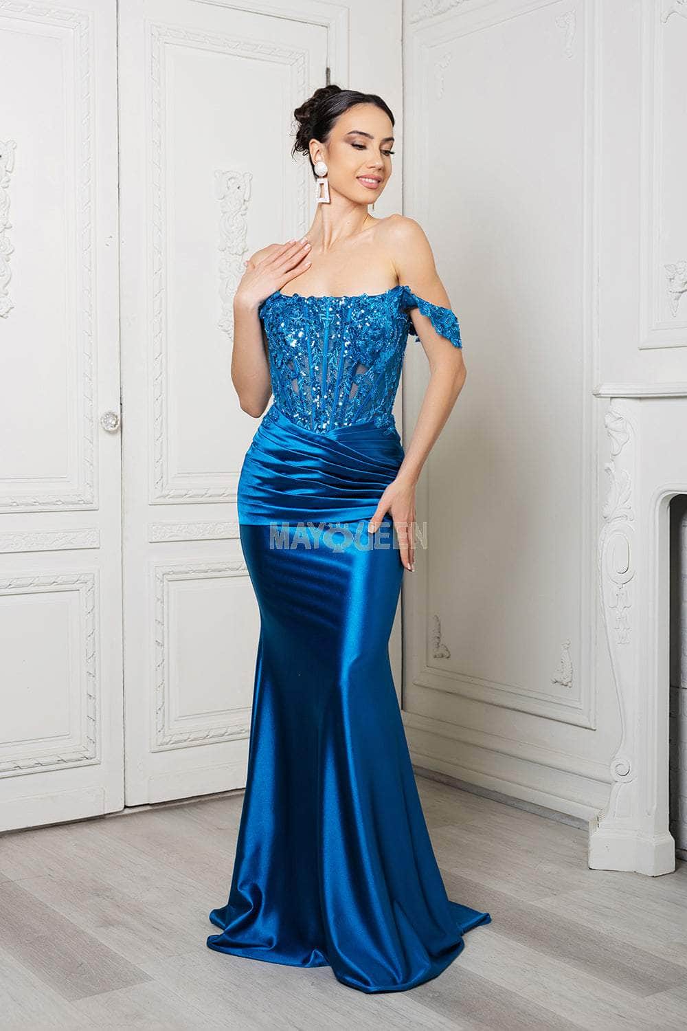 May Queen MQ2153 - Long Satin Mermaid Dress - Cap Sleeves, Floral Embroidery, Sequin, Beaded, Ruched Skirt, Semi-Sheer Corset, Sweep Train 8 / Gold May Queen MQ2153 - Long Satin Mermaid Dress - Cap Sleeves, Floral Embroidery, Sequin, Beaded, Ruched Skirt, Semi-Sheer Corset, Sweep Train 8 / Gold
