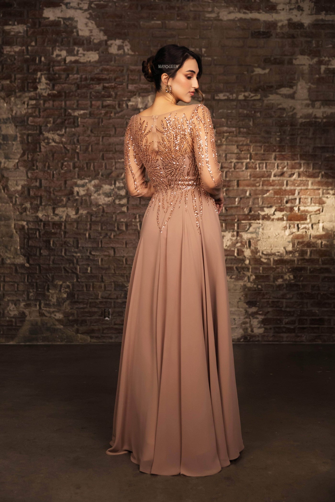 long sleeve mesh prom dress A-line Sheer Long Sleeve Illusion Lace Chapel Black Chiffon Prom Dress, Beaded Split
