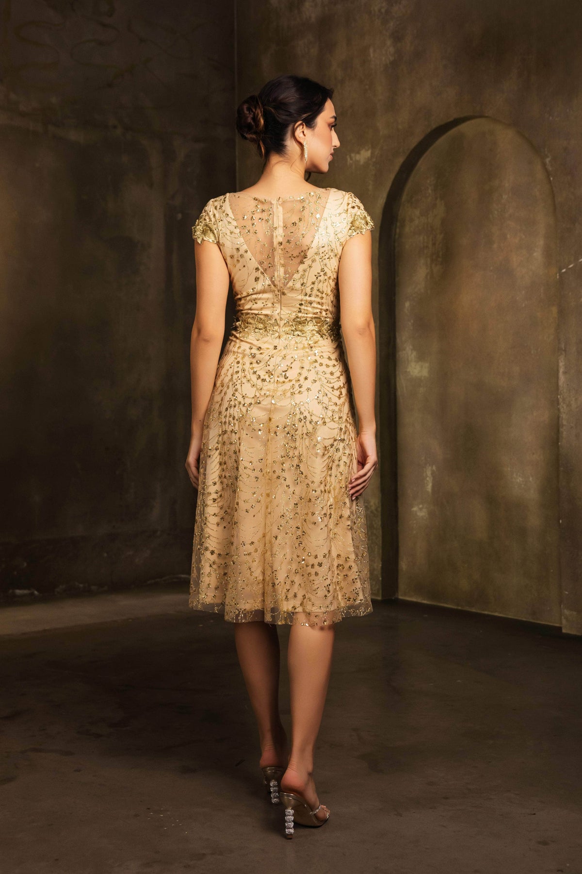 May Queen MQ2162 - Tea-Length Tulle A-line Dress - Cap Sleeves, Sequin Embellishments, Floral Lace Appliques, Illusion Full Back ADASA May Queen MQ2162 - Tea-Length Tulle A-line Dress - Cap Sleeves, Sequin Embellishments, Floral Lace Appliques, Illusion Full Back ADASA
