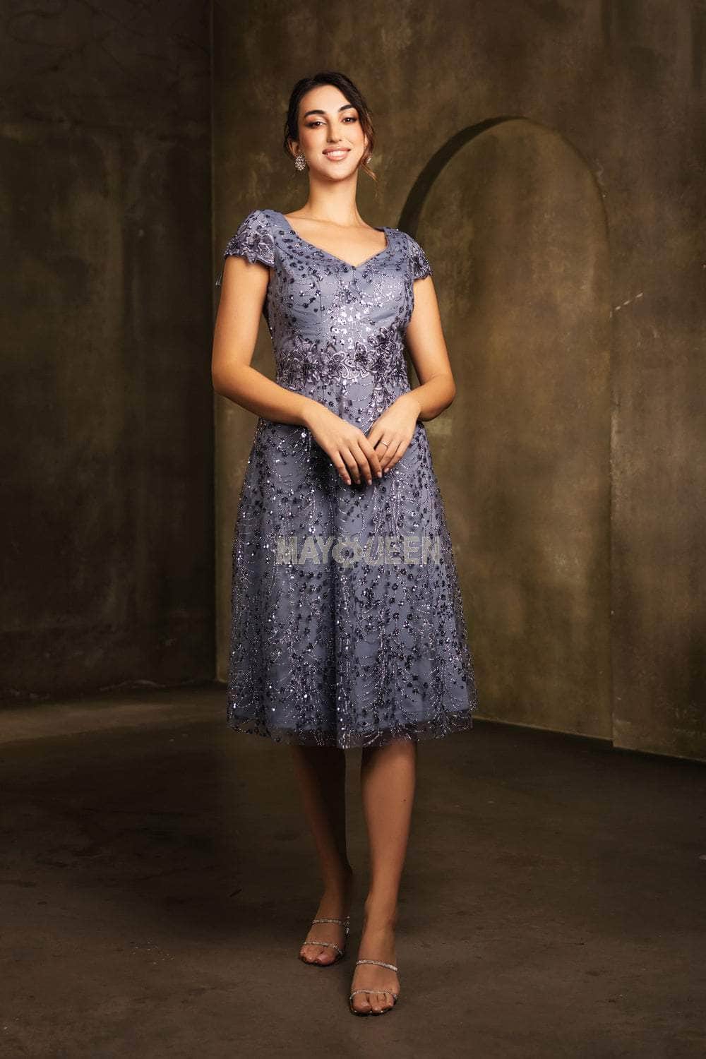May Queen MQ2162 - Tea-Length Tulle A-line Dress - Cap Sleeves, Sequin Embellishments, Floral Lace Appliques, Illusion Full Back ADASA May Queen MQ2162 - Tea-Length Tulle A-line Dress - Cap Sleeves, Sequin Embellishments, Floral Lace Appliques, Illusion Full Back ADASA