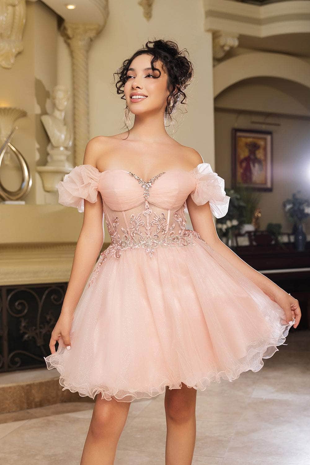May Queen MQ2164 - Short Tulle A-line Dress - Illusion Corset Bodice, Beaded Embroidery, Off Shoulder Puff Sleeves, Ruffle Hem ADASA May Queen MQ2164 - Short Tulle A-line Dress - Illusion Corset Bodice, Beaded Embroidery, Off Shoulder Puff Sleeves, Ruffle Hem ADASA