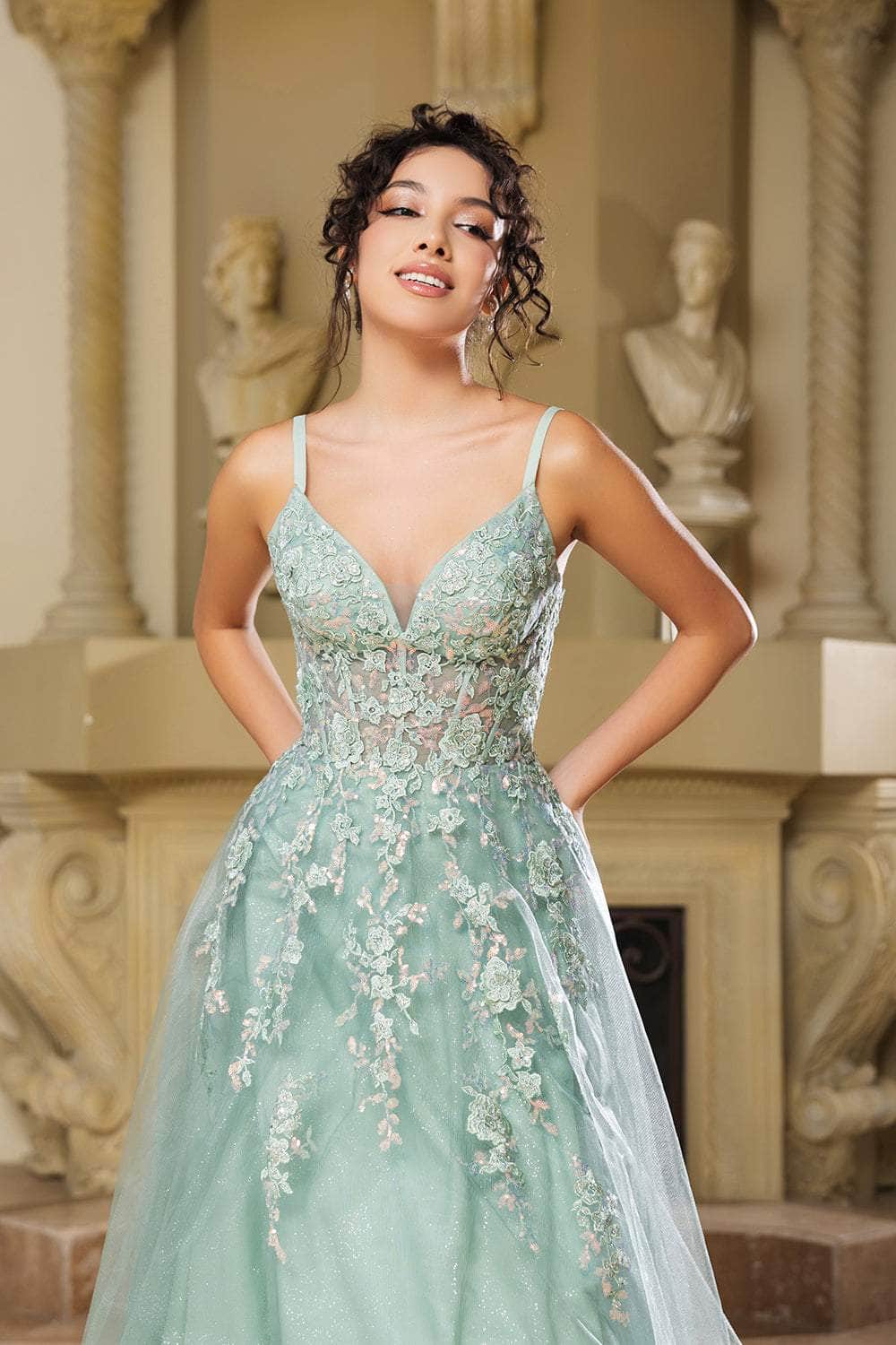 May Queen MQ2165 - Beaded Lace V-Neck Gown Prom Dresses