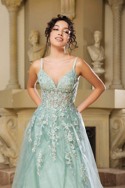May Queen MQ2165 - Beaded Lace V-Neck Gown Prom Dresses