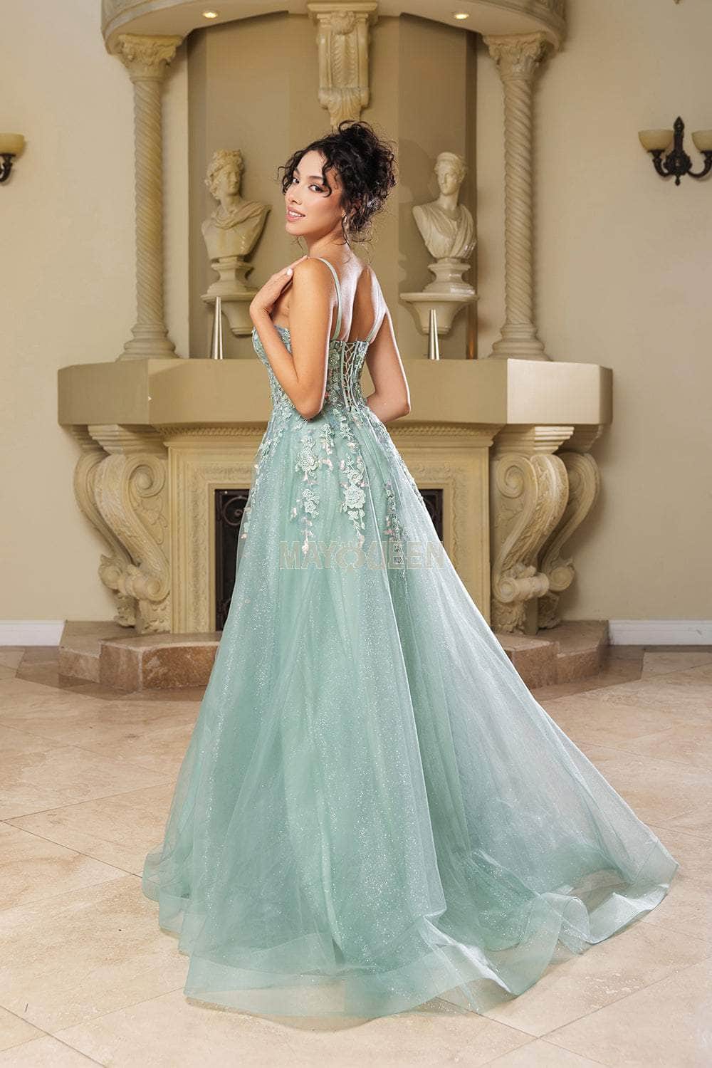 May Queen MQ2165 - Beaded Lace V-Neck Gown Prom Dresses