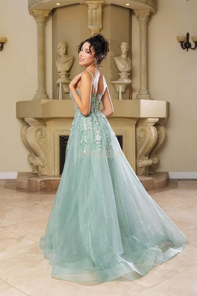 May Queen MQ2165 - Beaded Lace V-Neck Gown Prom Dresses