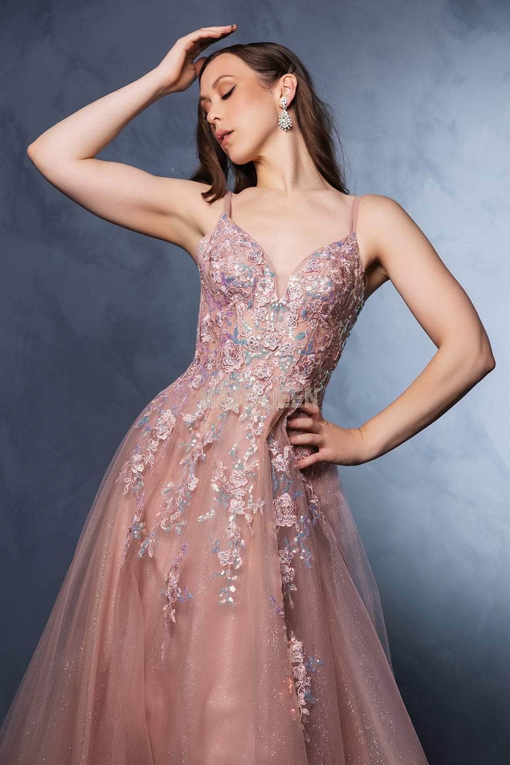 May Queen MQ2165 - Beaded Lace V-Neck Gown Prom Dresses
