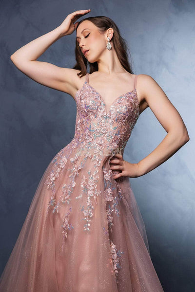 May Queen MQ2165 - Beaded Lace V-Neck Gown Prom Dresses