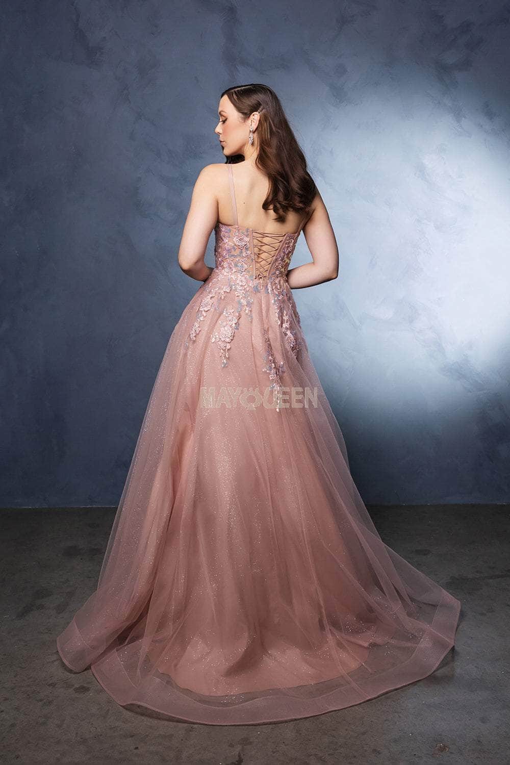 May Queen MQ2165 - Beaded Lace V-Neck Gown Prom Dresses