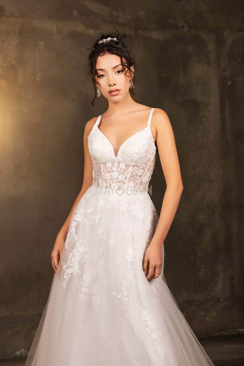 May Queen MQ2165 - Beaded Lace V-Neck Gown Prom Dresses