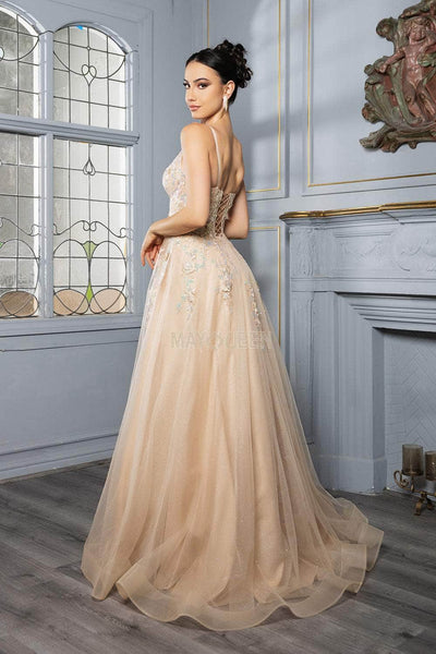 May Queen MQ2165 - Beaded Lace V-Neck Gown Prom Dresses