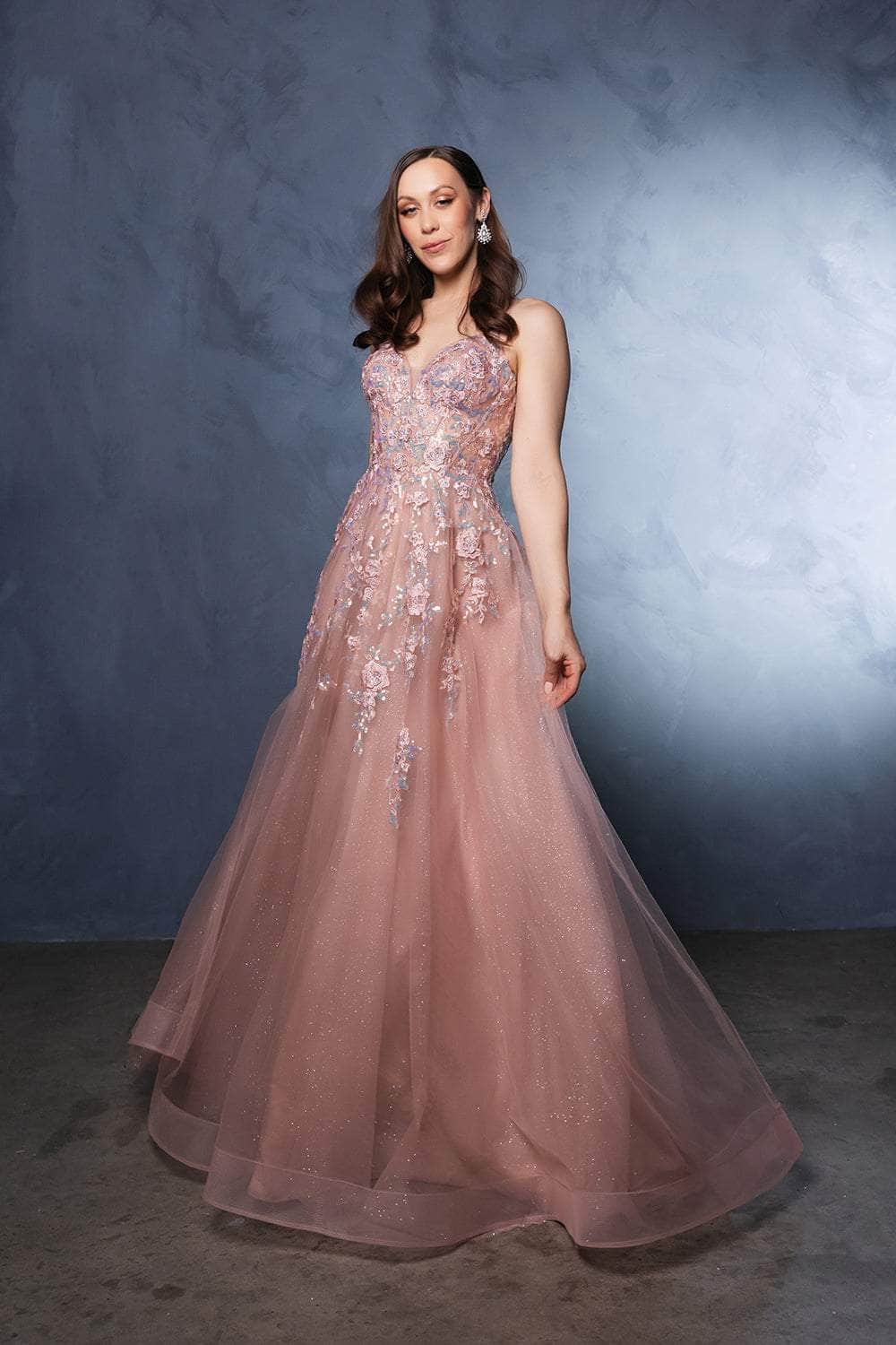 May Queen MQ2165 - Beaded Lace V-Neck Gown Prom Dresses 4 /  Rosegold