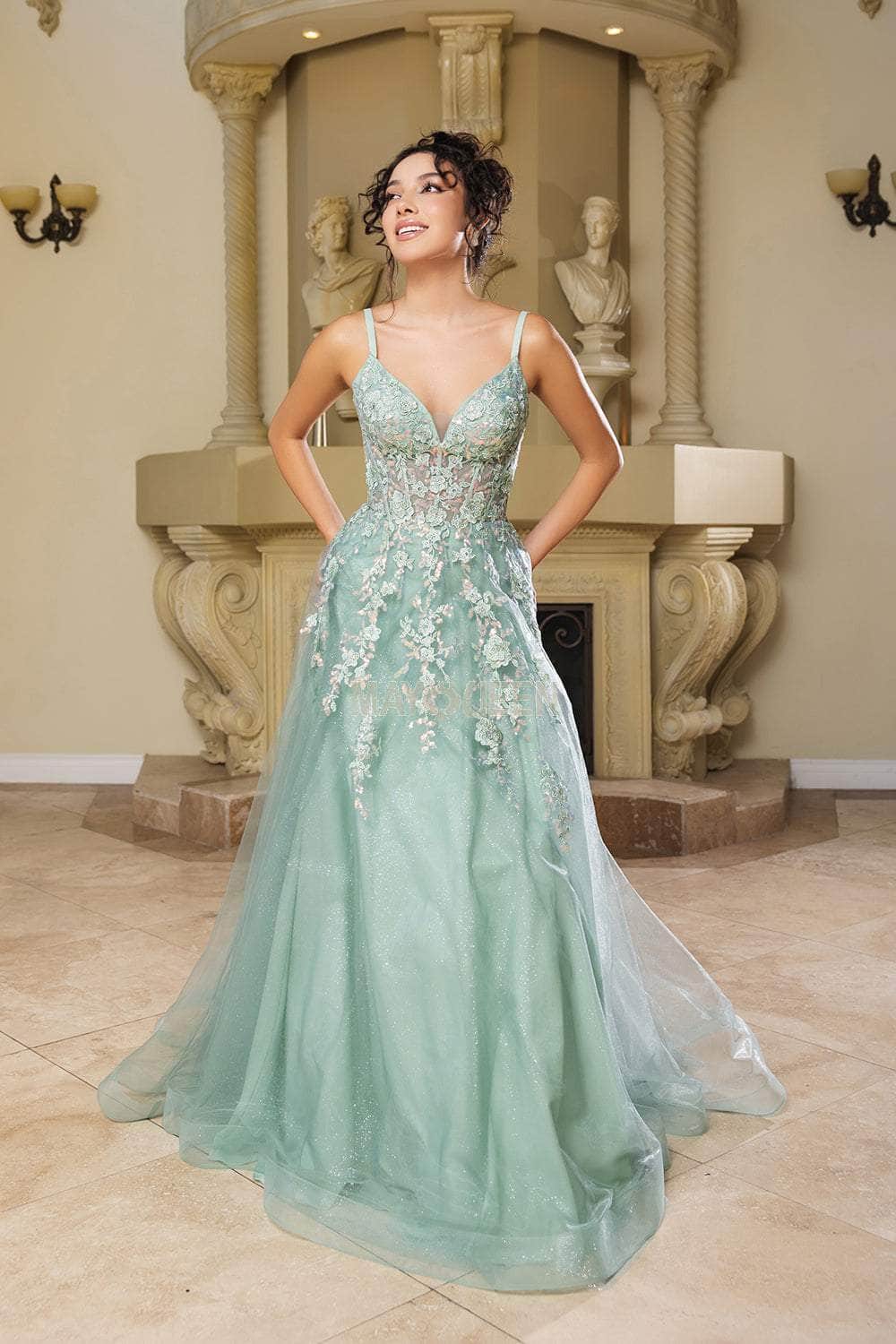 May Queen MQ2165 - Beaded Lace V-Neck Gown Prom Dresses 4 /  Sage