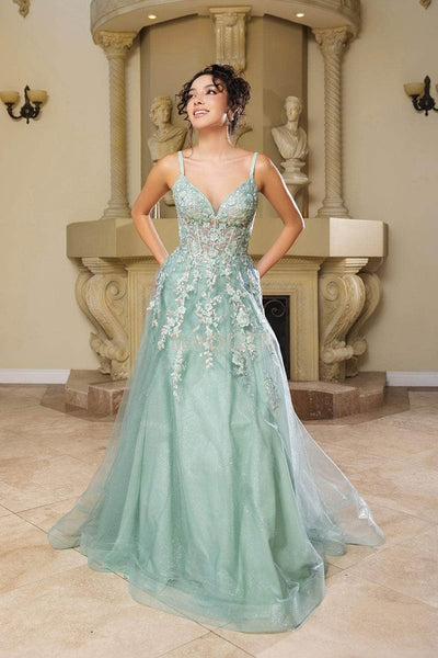 May Queen MQ2165 - Beaded Lace V-Neck Gown Prom Dresses 4 /  Sage