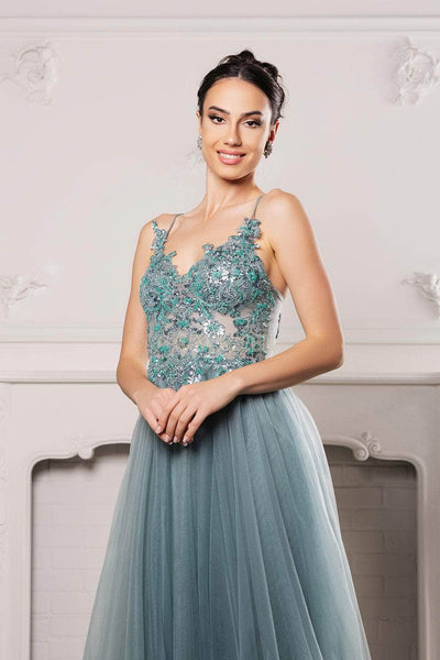 May Queen MQ2167 - V-Neck Dress with Embroidered Bodice Prom Dresses