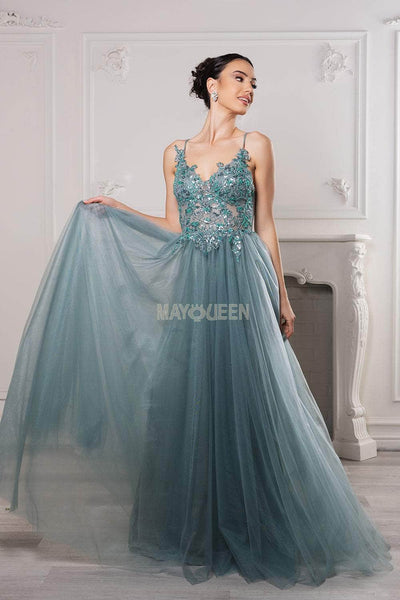 May Queen MQ2167 - V-Neck Dress with Embroidered Bodice Prom Dresses