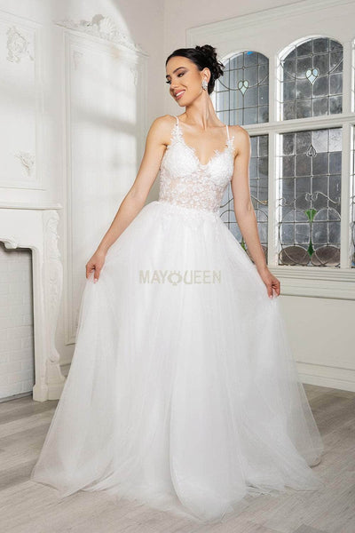 May Queen MQ2167 - V-Neck Dress with Embroidered Bodice Prom Dresses 4 /  Ivory