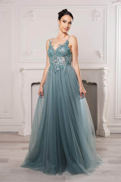 May Queen MQ2167 - V-Neck Dress with Embroidered Bodice Prom Dresses 4 /  Sage
