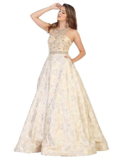 May Queen - RQ7772 Embroidered Halter Ballgown Ball Gowns 4 / Gold