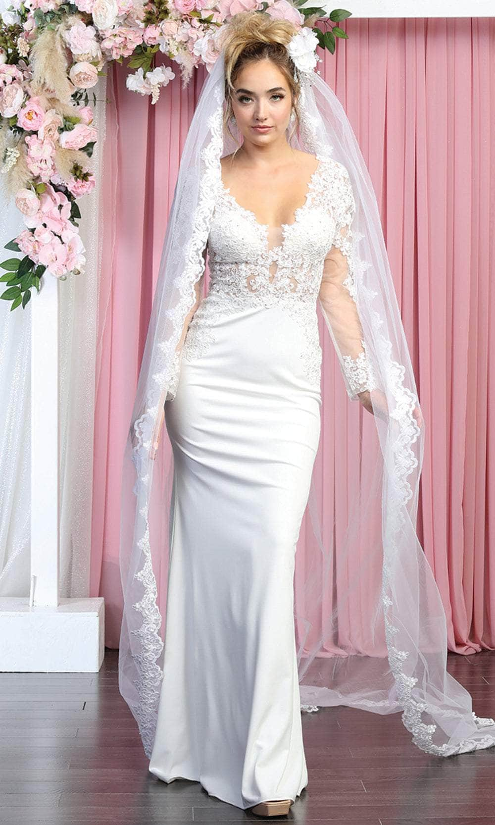 May Queen RQ7901B - Long Sleeves V-neck Wedding Gown Bridal Dresses