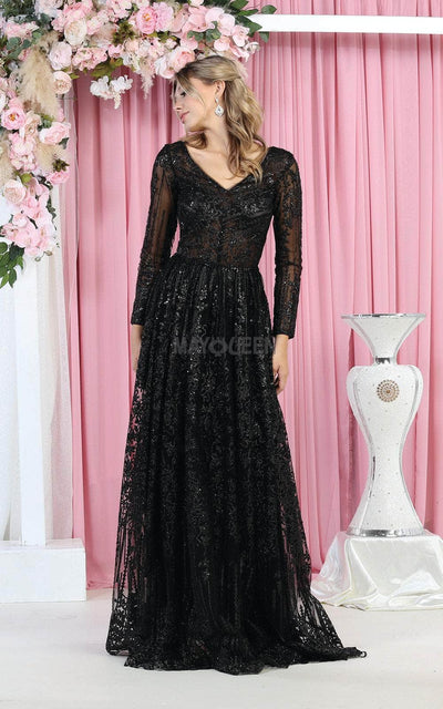 May Queen RQ7920B - Ornated Sheer Bodice Long Sleeve A Line Dress Mother of the Bride Dresses 22 / Black