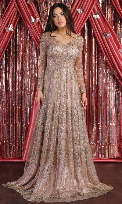 May Queen RQ7920B - Ornated Sheer Bodice Long Sleeve A Line Dress Mother of the Bride Dresses 22 / Rosegold