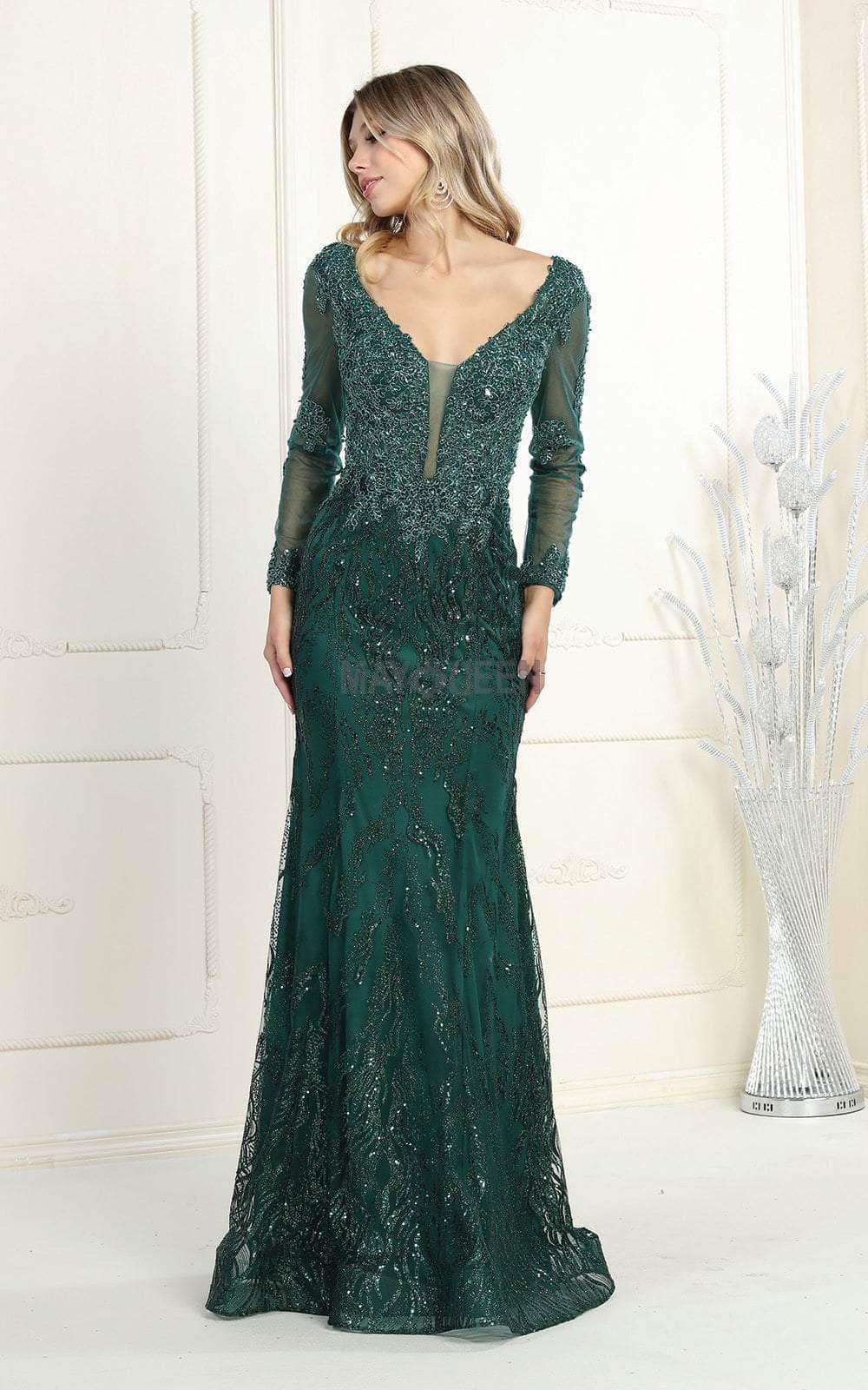 May Queen RQ7937 - Long Sheath Dress - Sheer Long Sleeves, Floral, Embroidered, Slight Train ADASA May Queen RQ7937 - Long Sheath Dress - Sheer Long Sleeves, Floral, Embroidered, Slight Train ADASA