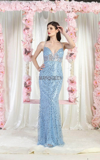 May Queen RQ7993 - Plunging Sequin Prom Dress Prom Dresses 12 / Dustyblue