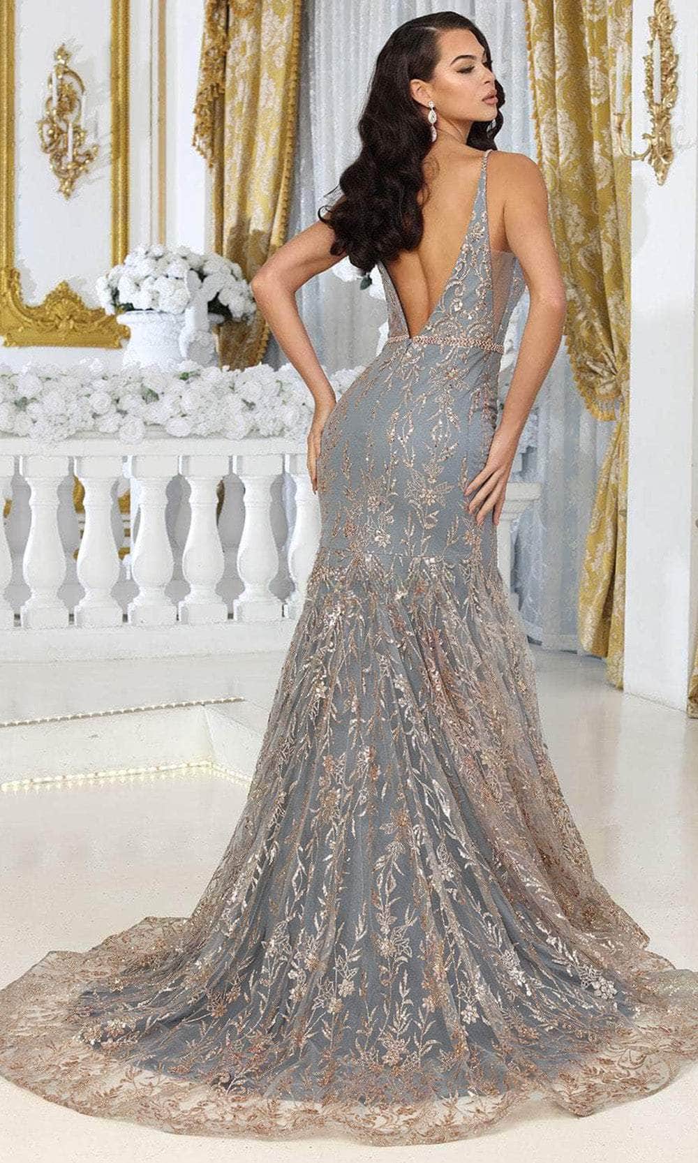May Queen RQ8017 - Long Mermaid Dress - Spaghetti Straps, Metallic Floral Details, Beaded Waistband, V-Open Back, Concealed Zipper Closure, Sweep May Queen RQ8017 - Long Mermaid Dress - Spaghetti Straps, Metallic Floral Details, Beaded Waistband, V-Open Back, Concealed Zipper Closure, Sweep