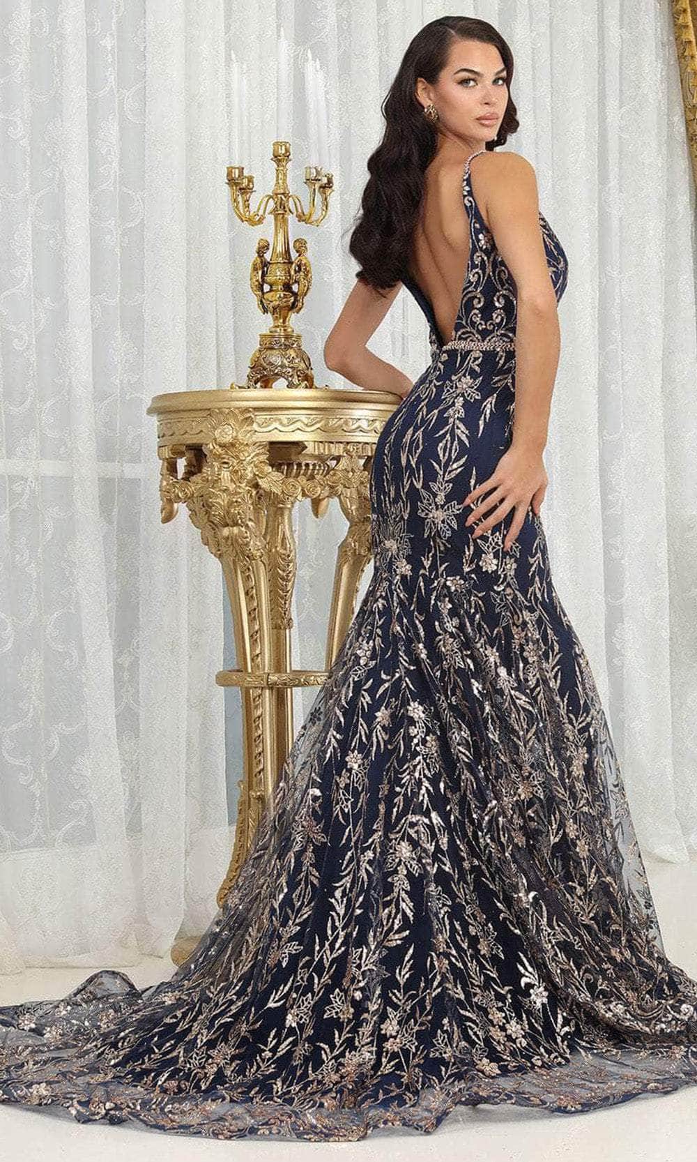 metallic mermaid prom dresses Lace-Up Long Metallic Mermaid Prom Dress with Cut Out Midnight Navy Foil / Medium