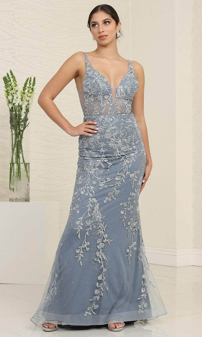 May Queen RQ8047 - Embroidered Sheath Prom Gown Evening Dresses 4 / Dustyblue