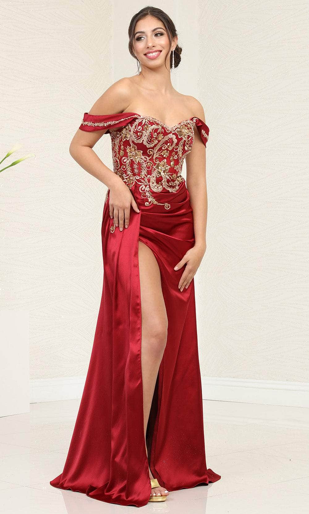 May Queen RQ8055 - Draped Cap Sleeve Prom Gown Evening Dresses 4 / Burgundy