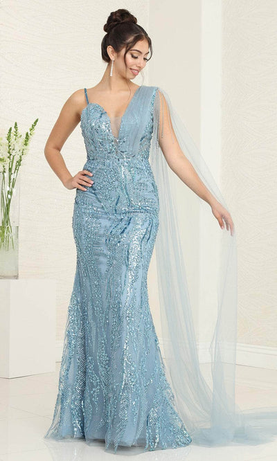 May Queen RQ8066 - Beaded Plunged V-Neck Prom Gown Prom Dresses 4 / Dustyblue