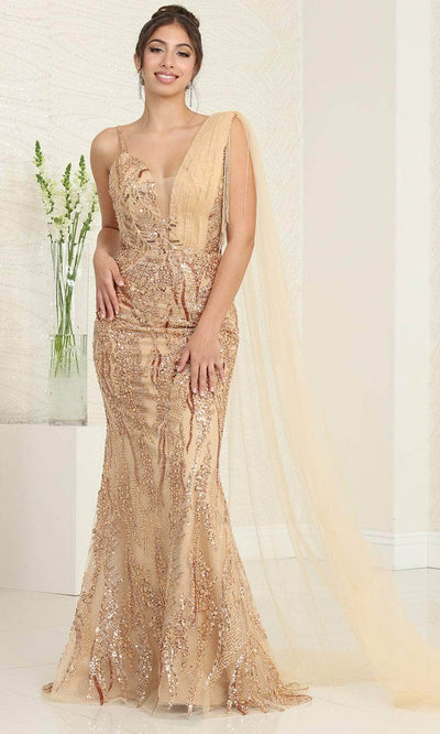 May Queen RQ8066 - Beaded Plunged V-Neck Prom Gown Prom Dresses 4 / Gold