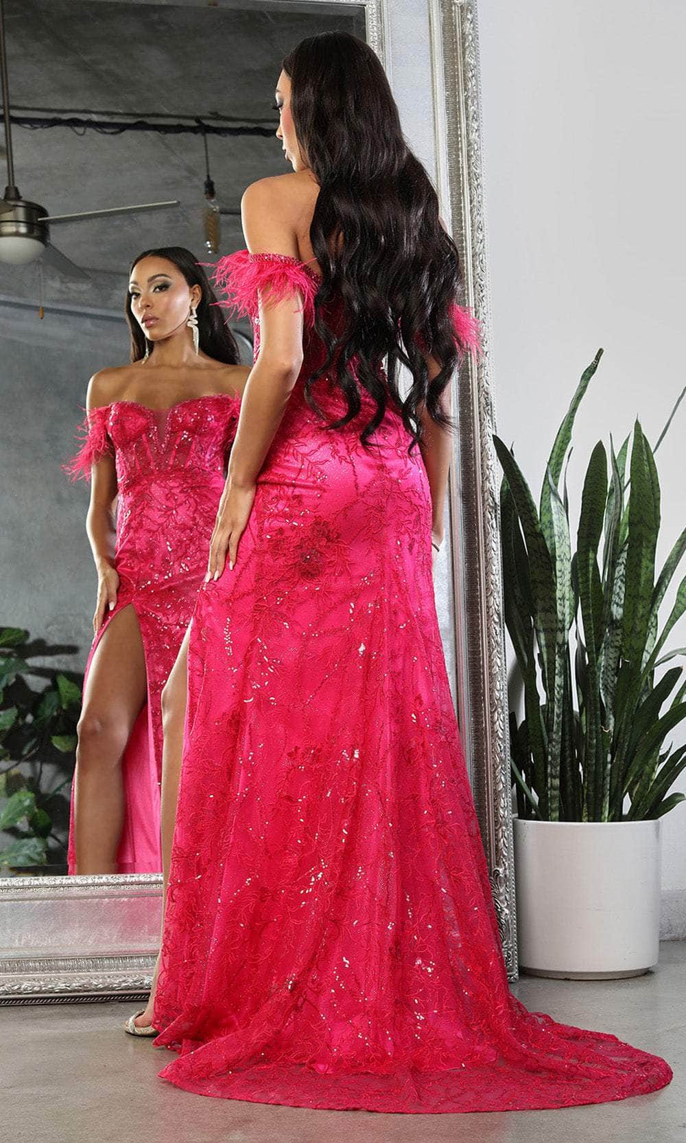 May Queen RQ8072 - Feathered Off Shoulder Prom Gown Evening Dresses