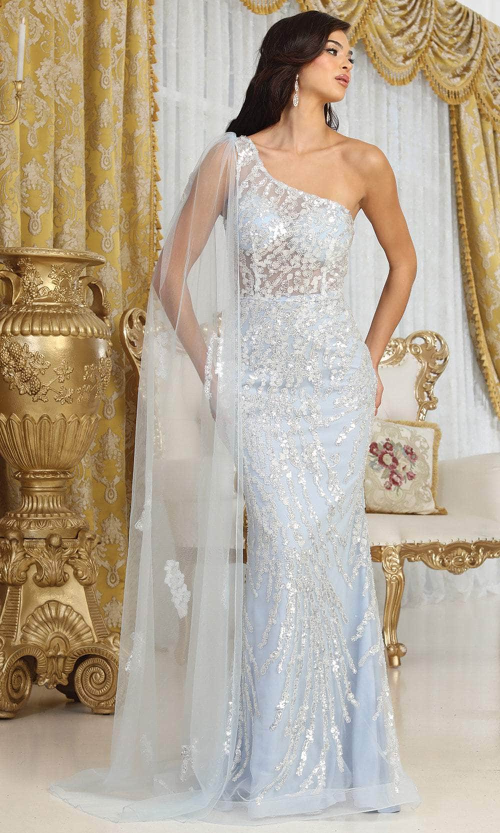 May Queen RQ8075 - Asymmetric Beaded Prom Gown with Cape Evening Dresses 4 / Sky-Blue