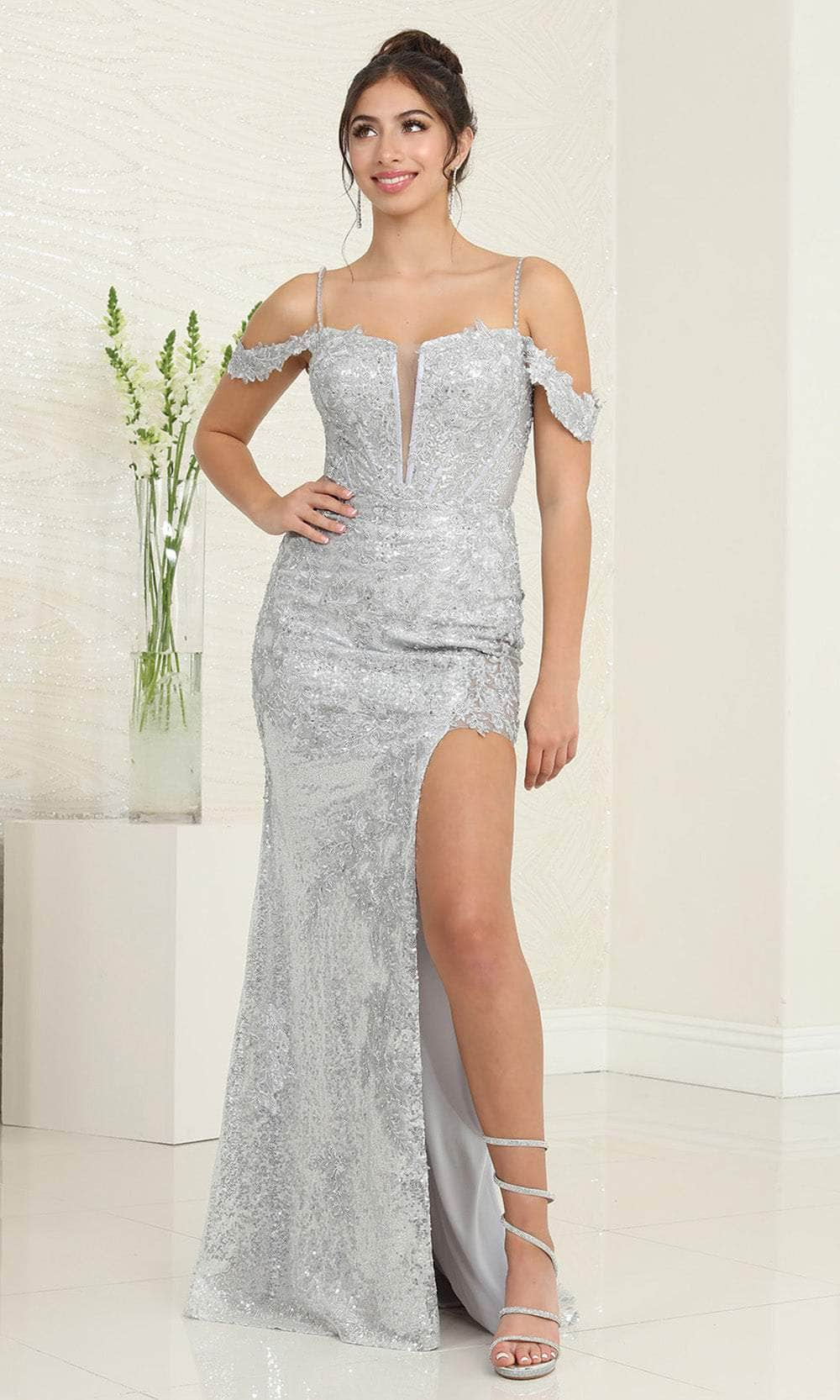 May Queen RQ8084 - Embellished V-Neck Prom Gown Evening Dresses 4 / Silver