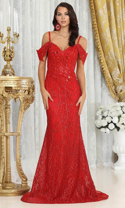 May Queen RQ8094 - Draped Sleeve V-Neck Prom Gown Prom Dresses 4 / Red