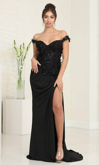 May Queen RQ8110 - Applique Sheath Prom Dress Special Occasion Dresses 4 / Black